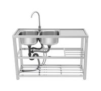 Évier gastro - 120 x 80 cm - Avec 2 bacs - Évier autonome en acier inoxydable avec robinet à 360° et garniture de vidage - Évier de restaurant avec plan de travail et étagère - Évier de cuisine en