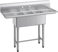 Évier gastronomique en acier inoxydable - Évier de cuisine à 3 bacs - 2 égouttoirs - Avec pare-éclaboussures - 1372 x 508 x 1097 mm - Pour camions-restaurants et restauration - Argent