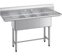 Évier gastronomique - Évier en acier inoxydable à 3 bacs - Avec 2 égouttoirs - Avec pare-éclaboussures - Dimensions 167,8 x 55,8 x 109,7 cm - Pour restaurants et camions-restaurants - Argent