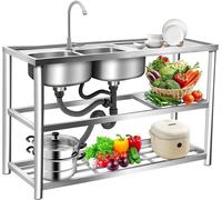 Évier indépendant, évier en acier inoxydable avec robinet et tuyau d'évacuation, évier de cuisine à double cuve, évier pour extérieur, idéal pour restaurant, buanderie, garage, dimensions : 120x45x80