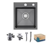 Evier Inox 1 Bac Avec Siphon Évier de Cuisine 2 Trou de Robinet 35×40 cm | Évier Inox Brossé Acier Inoxydable | Avec Trop-Plein et Kit de Vidange pour Cuisine Extérieure de Camping Car
