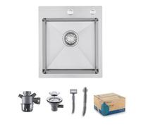 Evier Inox 1 Bac Avec Siphon Évier de Cuisine 2 Trou de Robinet 40×45 cm | Évier Inox Brossé Acier Inoxydable | Avec Trop-Plein et Kit de Vidange pour Cuisine Extérieure de Camping Car