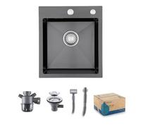 Evier Inox 1 Bac Avec Siphon Évier de Cuisine 2 Trou de Robinet 40×45 cm | Évier Inox Brossé Acier Inoxydable | Avec Trop-Plein et Kit de Vidange pour Cuisine Extérieure de Camping Car