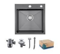Evier Inox 1 Bac Avec Siphon Évier de Cuisine 2 Trou de Robinet 45×45 cm | Évier Inox Brossé Acier Inoxydable | Avec Trop-Plein et Kit de Vidange pour Cuisine Extérieure de Camping Car