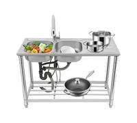 Évier Inox 2 Bacs, Évier de Cuisine Inox Professionnel 120cm | Double Bac Autoportant avec Robinet Extractible 360° Eau Chaude/Froide, Étagère de Rangement pour Restaurant Garage Buanderie