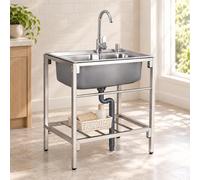 Évier inox 304 avec robinet, égouttoir et étagère de rangement inférieure | Évier professionnel sur pieds à un bac pour buanderie, garage, jardin et cuisine extérieure(58*43cm)