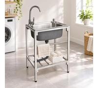 Évier inox 304 avec robinet, égouttoir et étagère de rangement inférieure | Évier professionnel sur pieds à un bac pour buanderie, garage, jardin et cuisine extérieure(48*35cm)
