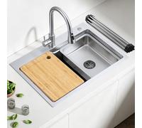 Évier Multifonction Inox Évier 1 Bac Grand Evier de Cuisine 68×48 cm | Lavabo Cuisine Anti-Rayures Planche à Découper Égouttoir à Vaisselle Enroulable Bac à Vaisselle et Siphon avec Tuyau Flexible