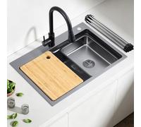 Évier Multifonction Inox Évier 1 Bac Grand Evier de Cuisine 68×48 cm | Lavabo Cuisine Anti-Rayures Planche à Découper Égouttoir à Vaisselle Enroulable Bac à Vaisselle et Siphon avec Tuyau Flexible