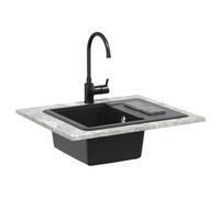 Évier noir 560 x 460 mm en 80 % quartz et 20 % résine, évier en granit avec bonde et siphon, évier encastrable pour cuisine, résistant aux rayures, résistant à la chaleur, avec égouttoir
