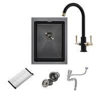 Évier Noir Anthracite 35 X 45 Cm Avec Robinet De Cuisine Double Poignée Pour Eau Chaude et Froide Noir, Égouttoir Et Siphon - 1 Bac Carré Encastré