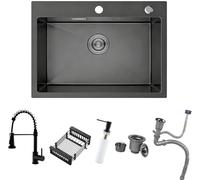 Évier Noir Anthracite 60 X 45 Cm Avec Robinet De Cuisine Extensible Gris Noir, Égouttoir Et Siphon - 1 Bac Carré Encastré Avec 2 Trous