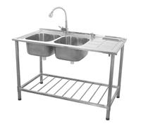 MonsterShop Évier professionnel sur pied doubles bacs inox avec étagère inférieure et robinet