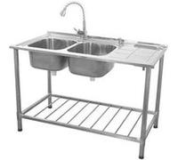 Evier Professionnel sur Pied à Doubles Bacs Inox avec Etagère de Rangement Inférieure et Robinet - KuKoo