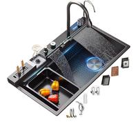 Évier simple en acier inoxydable noir avec motif cascade - Comprend un affichage de la température et des accessoires complets (88 x 48 x 23 cm) - Cuisine moderne