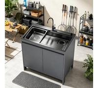 Évier Sur Pied avec Meuble Inox & Aluminium Nid d'Abeille, Mitigeur Chaud/Froid pour Balcon, Buanderie et Cuisine BBQ