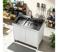 Évier Sur Pied avec Meuble Inox & Aluminium Nid d'Abeille, Mitigeur Chaud/Froid pour Balcon, Buanderie et Cuisine BBQ