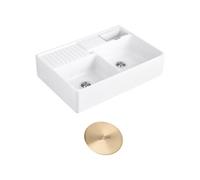 Evier timbre d'office VILLEROY ET BOCH Tradition 2 bacs 89,5 x 63 céramique vidage auto blanc + Cache bonde or