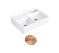 Evier timbre d'office VILLEROY ET BOCH Tradition 2 bacs 89,5 x 63 céramique vidage auto blanc + Cache bonde bronze