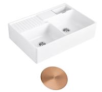 Evier timbre d'office VILLEROY ET BOCH Tradition 2 bacs 89,5 x 63 céramique vidage manuel blanc + Cache bonde bronze