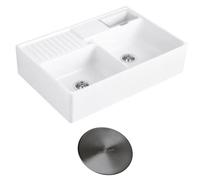Evier timbre d'office VILLEROY ET BOCH Tradition 2 bacs 89,5 x 63 céramique vidage manuel blanc + Cache bonde anthracite