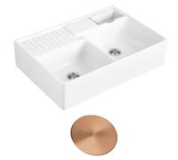 Evier timbre d'office VILLEROY ET BOCH Tradition 2 bacs 89,5 x 63 céramique vidage manuel blanc + Cache bonde bronze