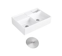 Evier timbre d'office VILLEROY ET BOCH Tradition 2 bacs 89,5 x 63 céramique vidage manuel blanc + Cache bonde acier massif