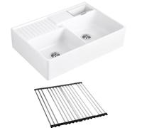 Evier timbre d'office VILLEROY ET BOCH Tradition 2 bacs 89,5 x 63 céramique vidage auto blanc + Egouttoir déroulable