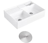 Evier timbre d'office VILLEROY ET BOCH Tradition 2 bacs 89,5 x 63 céramique vidage manuel blanc + Cache bonde acier massif