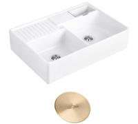Evier timbre d'office VILLEROY ET BOCH Tradition 2 bacs 89,5 x 63 céramique vidage manuel blanc + Cache bonde or