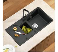 Évier un bac et demi - CECIPA MAX - 86x45 cm - Granit noir - Égouttoir réversible - Préperçage 2 robinets