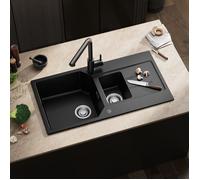Évier un bac et demi - CECIPA MAX - 86x45 cm - Granit quartz - Égouttoir réversible - Noir
