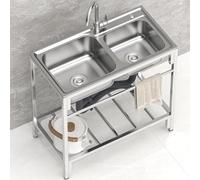 Évier utilitaire à double cuve en acier inoxydable 304 avec étagère de rangement Évier autonome d'extérieur avec robinet pour buanderie 83 x 44 x 85 cm