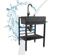 Évier utilitaire autonome avec égouttoir pour buanderie et garage | Évier à cuve unique de 45 x 80 x 86 cm avec robinet à 360 degrés, panier filtrant, étagère de rangement