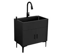 Évier utilitaire autonome en acier inoxydable avec armoire de rangement et robinet pulvérisateur extractible, ensemble d'évier multifonction pour garage, vestiaire, salle de bain ou cuisine, blanc, 60