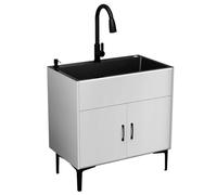 Évier utilitaire en acier inoxydable avec armoire et robinet rabattable pour garage, kitchenette, vestiaire, 50 x 40 x 78 cm, design blanc moderne