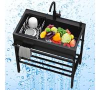 Évier utilitaire en acier inoxydable avec robinet, 1 bac à linge chariot, support de sol, station de lavage des mains pour restaurant, utilisation intérieure et extérieure, évier de cuisine commercial
