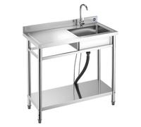 Évier utilitaire en acier inoxydable, évier de cuisine professionnel autoportant à cuve unique avec robinet, 1 000 x 500 x 940 mm, cuve gauche avec raccordement à l'eau chaude et froide, pour garage,