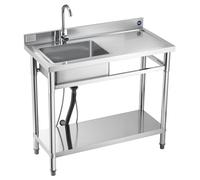 Évier utilitaire en acier inoxydable, évier de cuisine professionnel sur pied à cuve unique avec robinet, 1 000 x 500 x 940 mm, cuve à droite avec raccordement à l'eau chaude et froide, pour garage, r