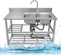 Évier Utilitaire en Acier Inoxydable Évier sur Pied Commercial avec Plan De Travail Et étagères De Rangement Doubles avec égouttoir Et Robinet pour Gar, Cold Alone Right, 120x50x80cm