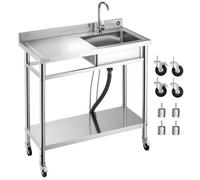Évier utilitaire professionnel 1 bac en inox avec roulettes robinet et tuyaux eau chaude et froide 1000 x 500 x 1055 mm