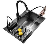 Éviers, évier De Cuisine, évier Rectangulaire en Acier Inoxydable, Robinet De 19,7 à 31,5 Pouces X 2, Panier Extensible, Distributeur De Savon, Poste De Travail, évier, Black, 50 * 45 * 20Cm