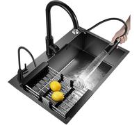Éviers, évier De Cuisine, évier Rectangulaire en Acier Inoxydable, Robinet De 19,7 à 31,5 Pouces X 2, Panier Extensible, Distributeur De Savon, Poste De Travail, évier, Black, 75 * 45 * 20Cm