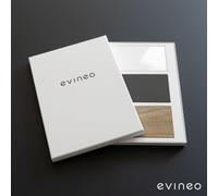 evineo Boîte d’échantillons vernis blanc ultra brillant, vernis anthracite mat, motif chêne, BE000099,