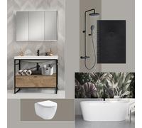evineo ineo Salle de bains avec ensemble de meubles et armoire de toilette l: 100 cm, WC, baignoire & douche, avec robinetteries, BE-Bad-Set7#NEW,