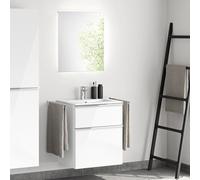 evineo ineo4 Meuble bas l: 61 cm, 2 tiroirs, avec poignée, vasque blanche, avec miroir,, BE0834WH+BE0200WH+BEA009MI+BL001197,