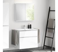 evineo ineo4 Meuble bas l: 81 cm, 2 tiroirs, avec poignée, vasque blanche, avec armoire de toilette,, BE0835WH+BE0201WH+BEA002MI+BL001197,