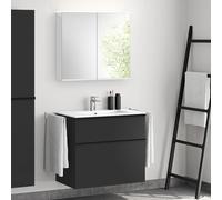 evineo ineo4 Meuble bas l: 81 cm, 2 tiroirs, avec poignée, vasque blanche, avec armoire de toilette,, BE0835WH+BE0201BM+BEA002MI+BL001197,