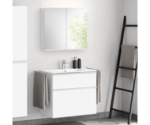 evineo ineo4 Meuble bas l: 81 cm, 2 tiroirs, avec poignée, vasque blanche, avec armoire de toilette,, BE0835WH+BE0201WM+BEA002MI+BL001197,