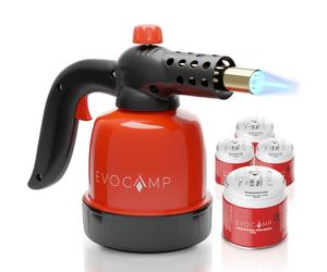 EVOCAMP Chalumeau de cuisine avec piezo, lampe à souder 1,3 kW, temp. max. 1300°C, avec 4 cartouches de gaz de 190g